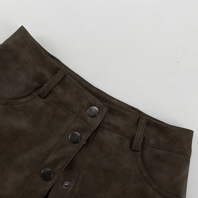 Women's Retro Faux Leather Skirt Set | Long Sleeve Cutout Top & High Waist Skirt | noémi