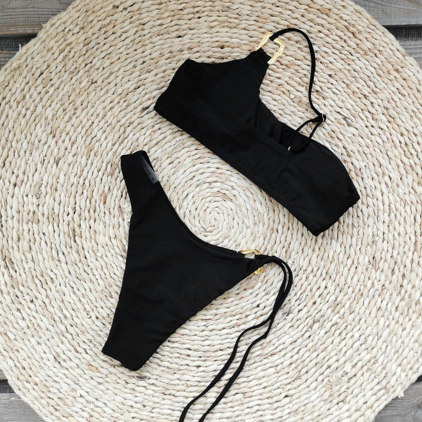 One Shoulder Triangle Bikini Set with Cutout Detail in Pure Black | noémi