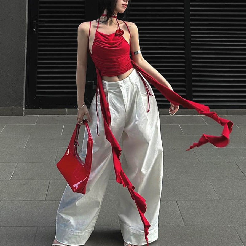 Bold Red Ruched Strappy Crop Top | Side Tie Tank | noémi