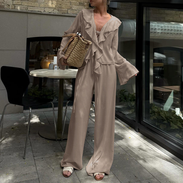 Ruffle V Neck Two Piece Set | Lace Up Blouse & Wide Leg Pants | noémi