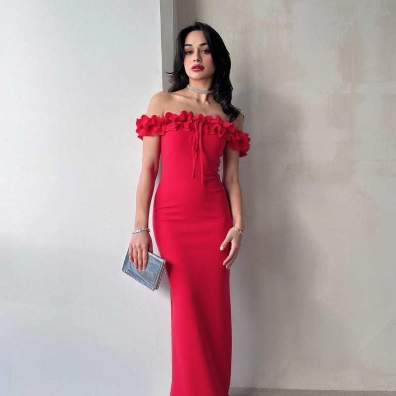 Off Shoulder Ruffle Bodycon Maxi Dress | noémi