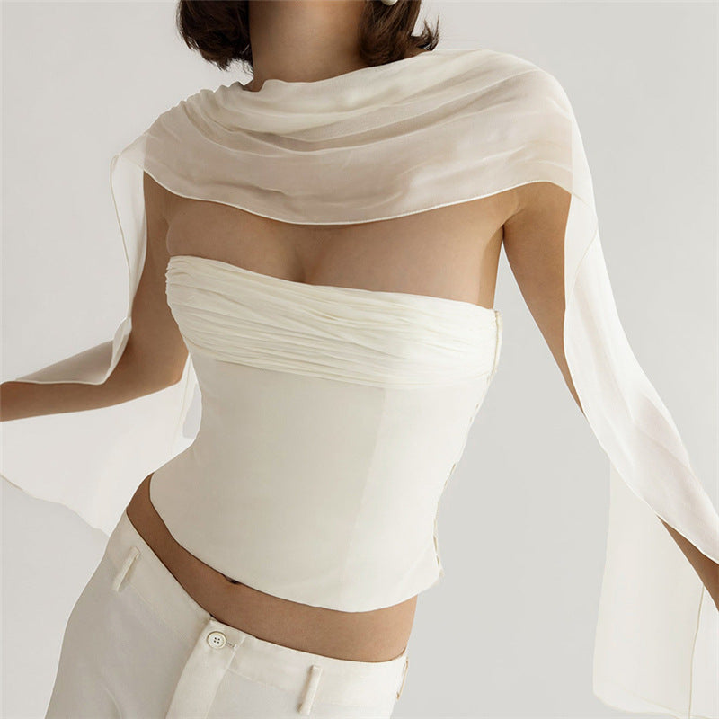 Off Shoulder Slim Fit Cropped Vest | White Chiffon & Tube Top | noémi