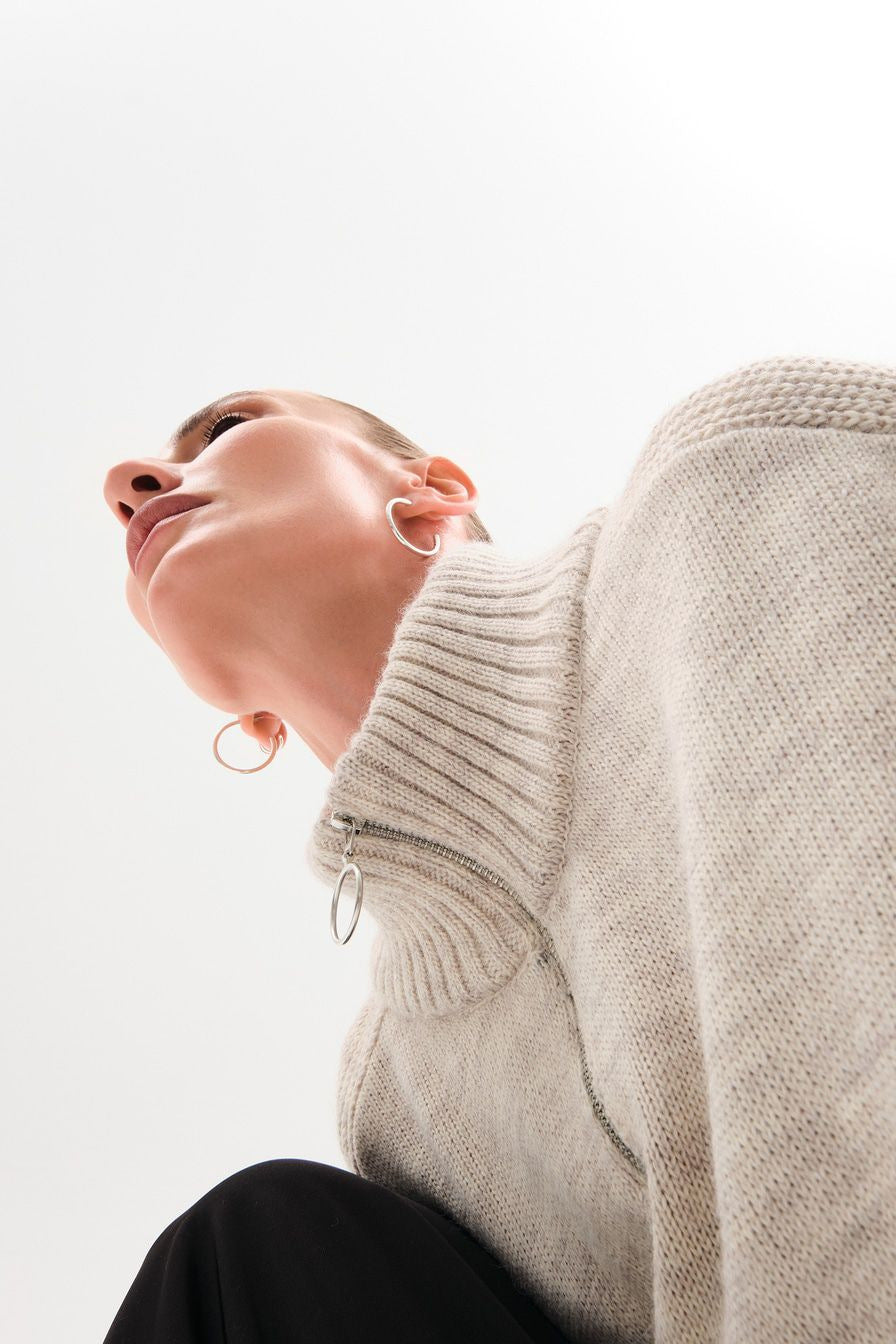 Womens Oversized Knit Sweater | Half Zip, High Neck, Soft Beige Pullover | noémi