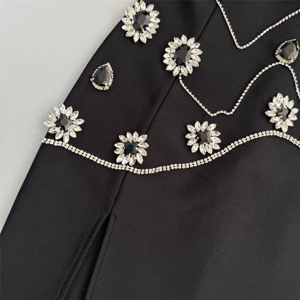 Black Daisy Beaded Maxi Dress | Floral Crystal Embellished Gown with Side Slit | noémi