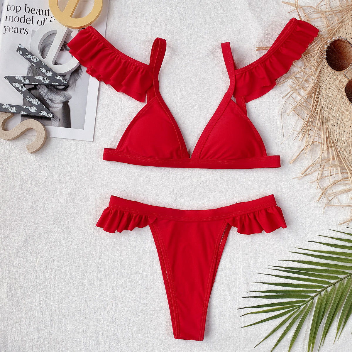 Red Ruffle Bikini Set | Off Shoulder Lotus Sleeve Swimsuit | noémi