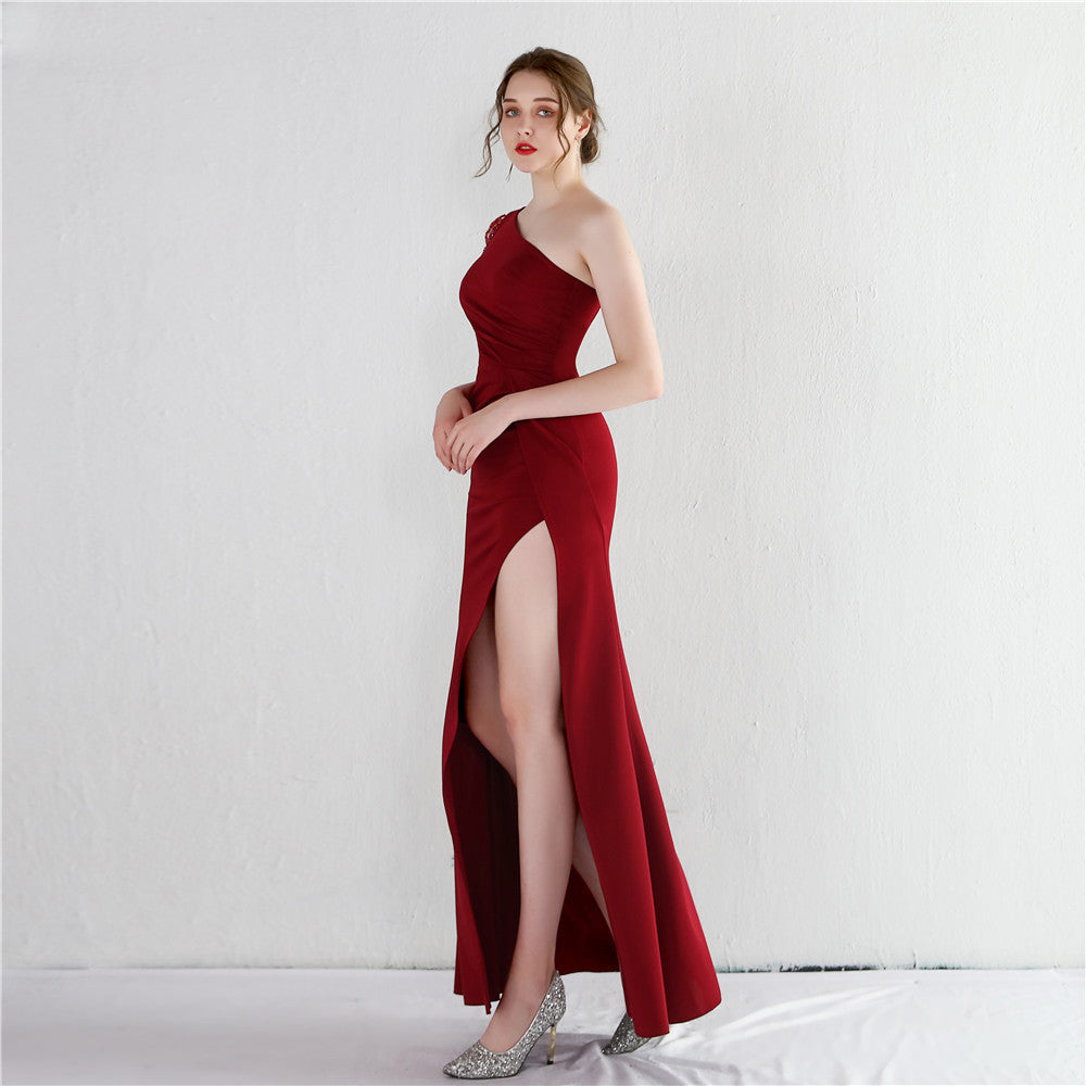 Satin Beaded One Shoulder Fishtail Gown | Slim Fit Slit Maxi Dress | noémi