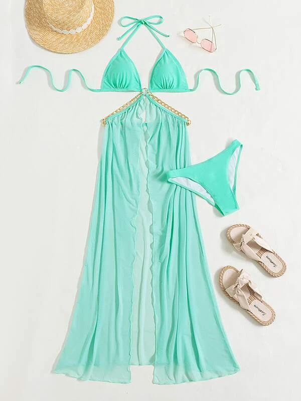 Three Piece Swimsuit Set | Sheer Split Skirt & Gold Chain Detail | noémi