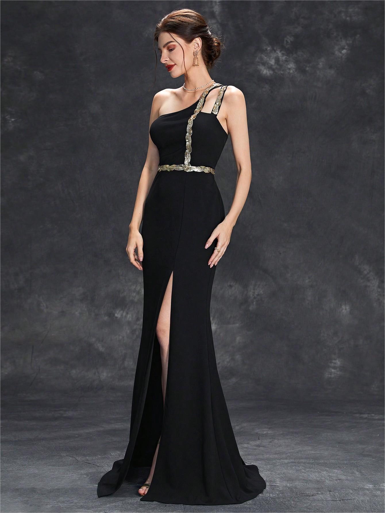 One Shoulder Slit Evening Dress | Metallic Waist Detail | noémi