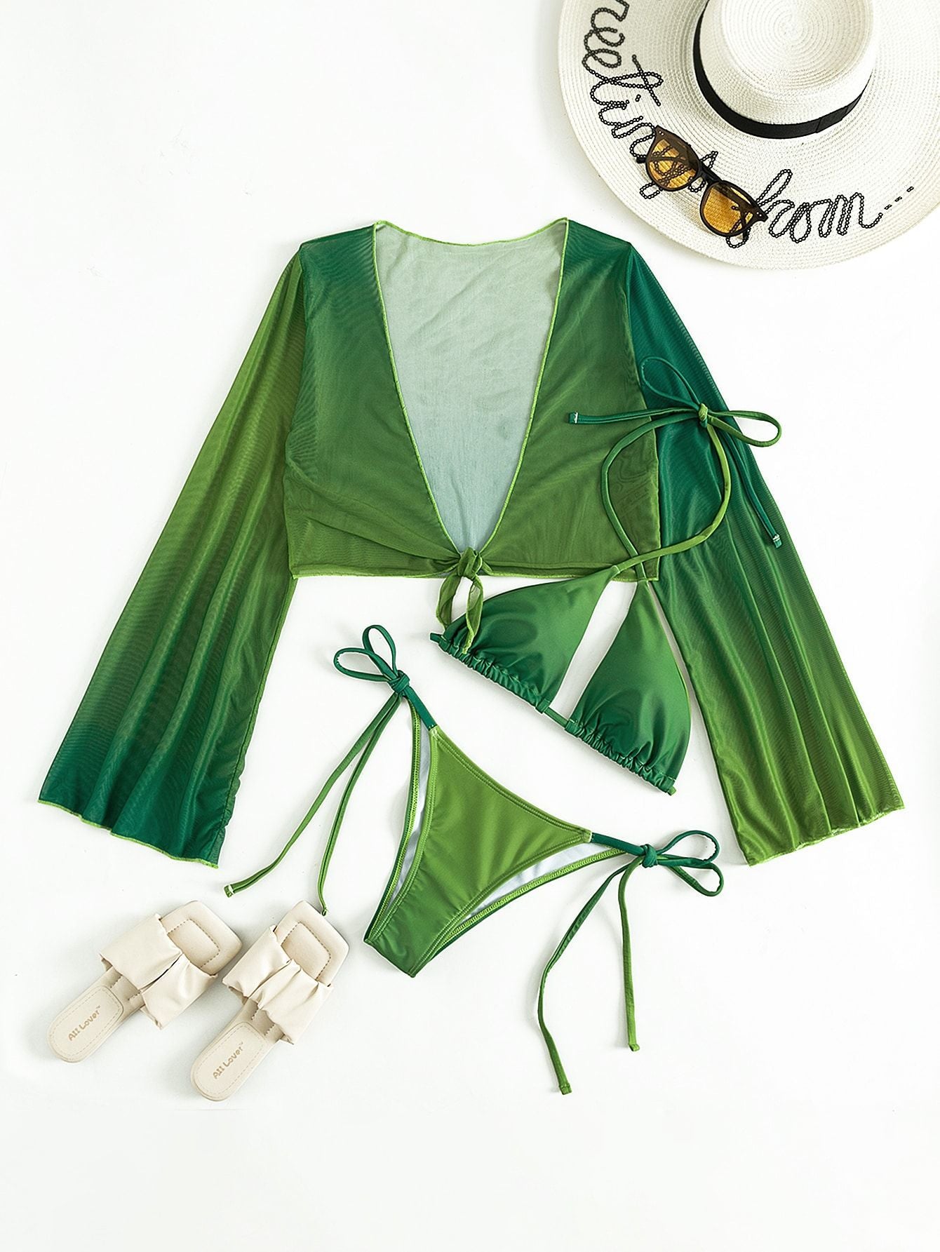 Green Three Piece Bikini Set | Halter Swimwear with Sheer Cover Up for Women | noémi
