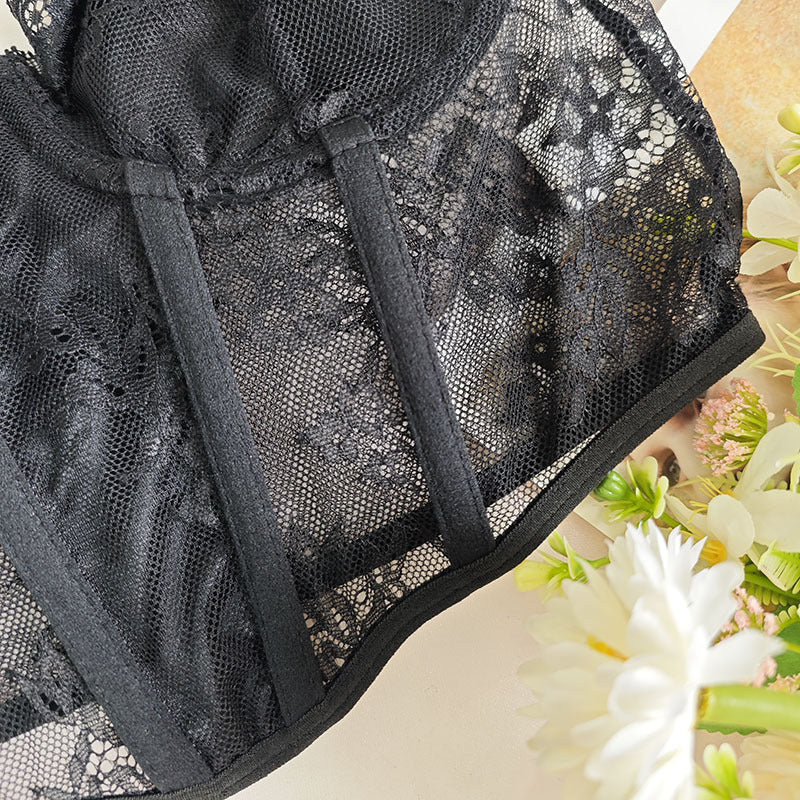 Sheer Lace Mesh Corset Bra with Boning and Suspender Straps for Women | noémi