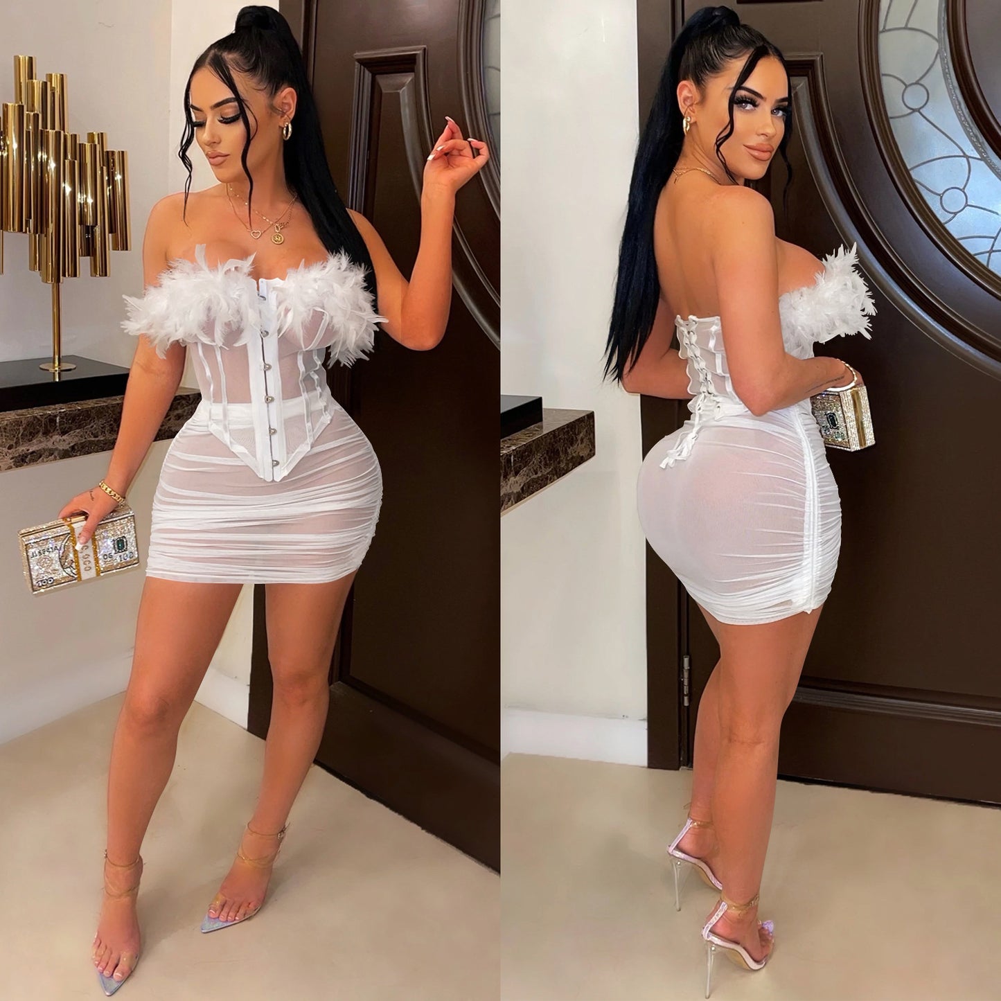 Feather Lace Mesh Vest Pleated Midi Skirt Set | Sheer Two Piece | noémi