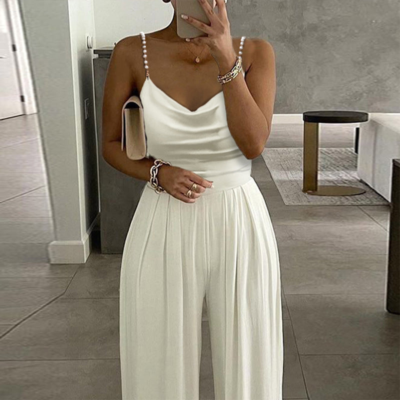 V Neck Wide Leg Jumpsuit | Sleeveless, Backless, Pearl Strap | noémi