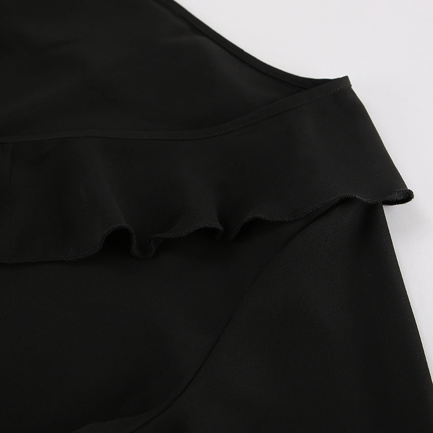 Black V Neck Chiffon Blouse for Women | Sheer Long Sleeve with Ruffle Detail | noémi