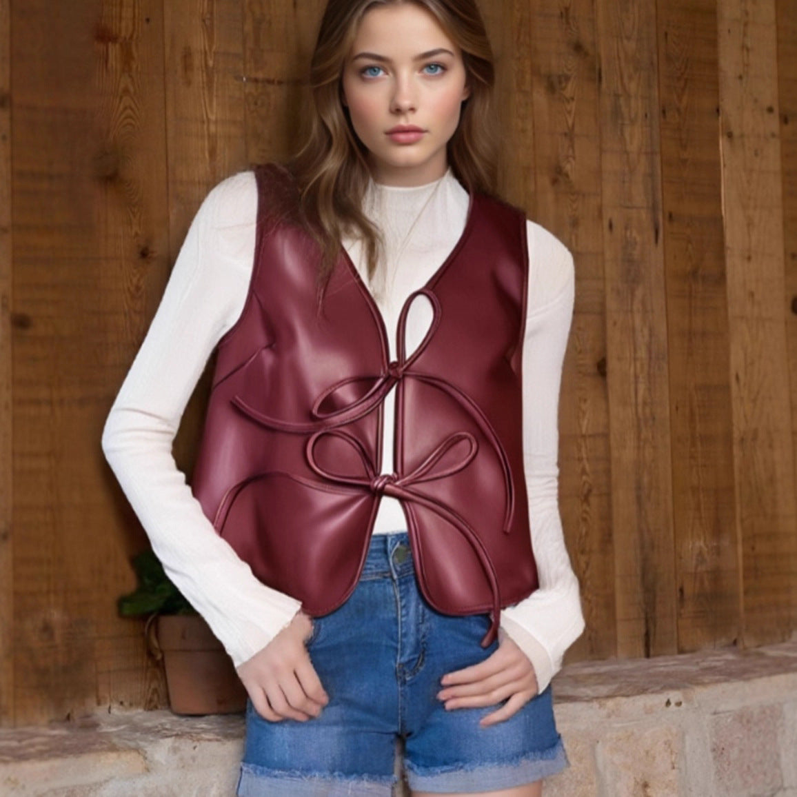 Sleeveless Lace Up Faux Leather Vest | noémi