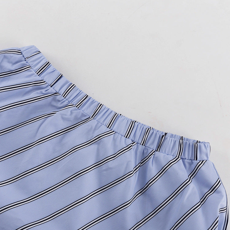 Womens Striped Two Piece Skirt Set | Long Sleeve Round Neck Pullover Top with Tie Waist | noémi