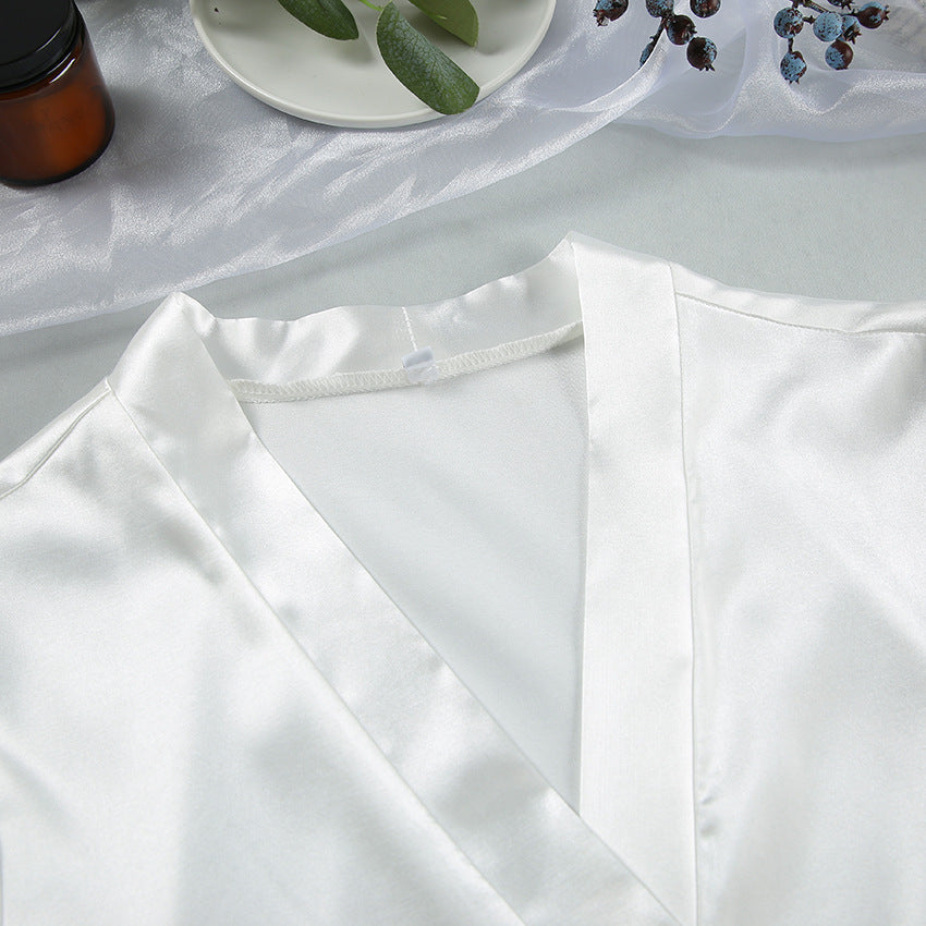 White Satin Feather Trim Robe | Bridal Lounge Robe, Belted Kimono Style | noémi