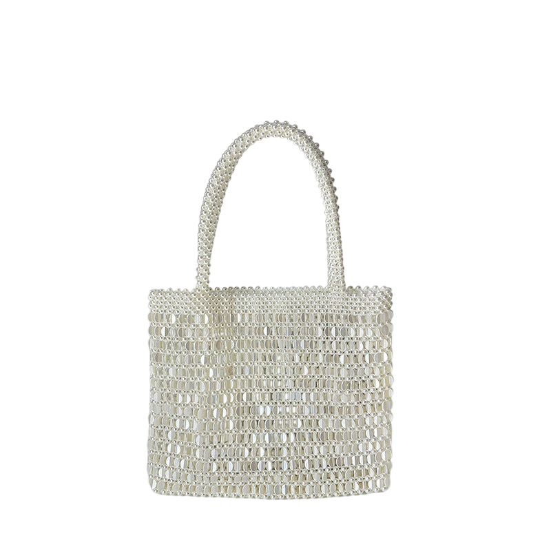 White Beaded Straw Clutch Shoulder Bag – Hand-Woven Pearl Accent | noémi