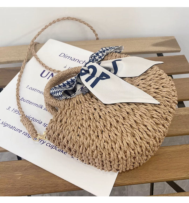 Straw Crossbody Bag with Plaid Scarf | Stylish Woven Summer Beach Bag | noémi