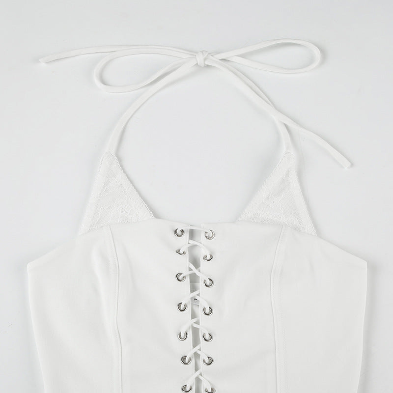 Halter Lace Cutout Bra Camisole | Faux Two Piece Hollow Out Waist Strap Top | noémi