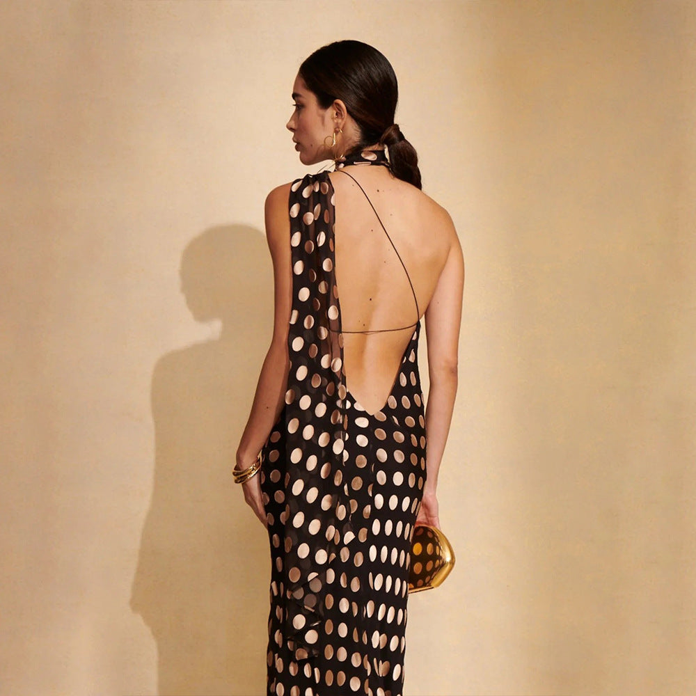 Women's Halter Polka Dot Backless Chiffon Maxi Dress | Black | noémi