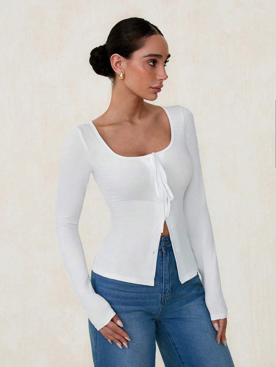 Women's Long Sleeve Cardigan Top with LaceUp Front | Button Detail | noémi