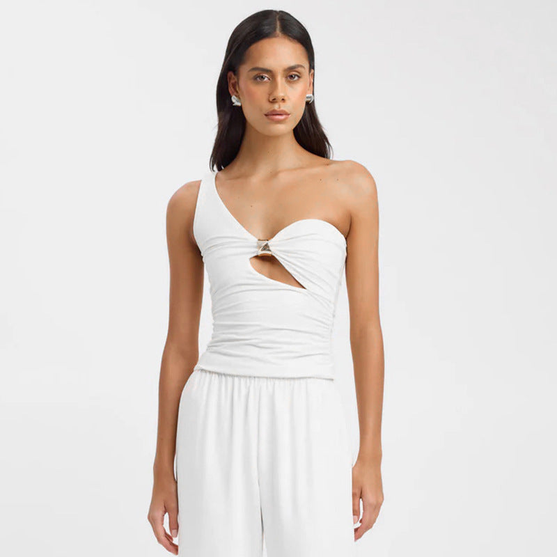 One Shoulder Cutout Top with Gold Ring | White Slim Fit Summer Tank | noémi