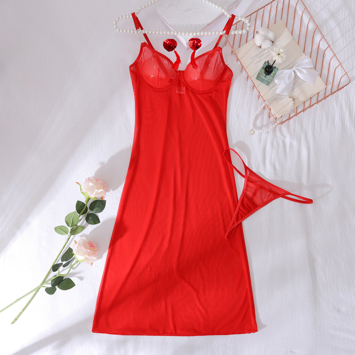 Womens Red Mesh Nightdress with Chest Patch Body Shaping and Steel Ring Details | noémi