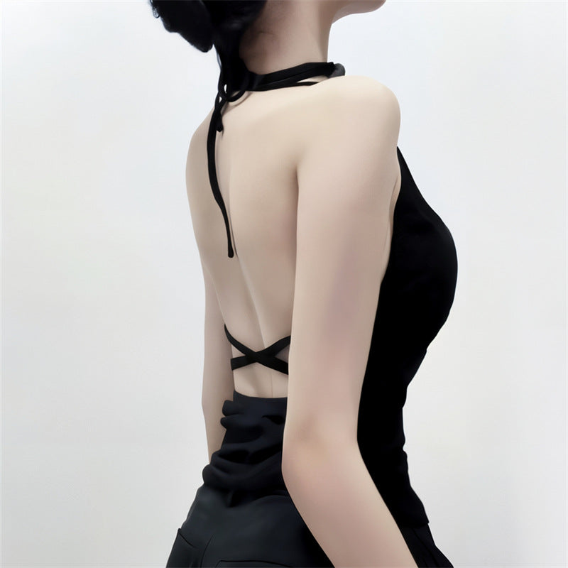 Keyhole Halter Crop Top | Black Tie Back Top with Metal Choker Detail | noémi