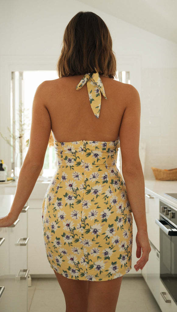 Womens Printed V Neck Halter Dress | Backless, Short Sheath | noémi