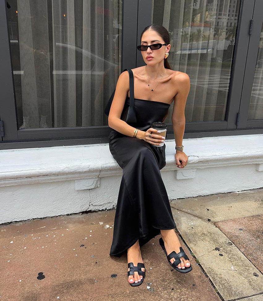 Black Satin Tube Top Dress | High Waist Loose Fit | noémi