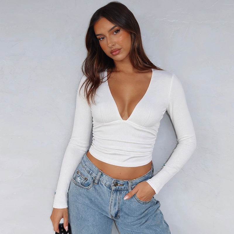 Women White Sunken Stripe VNeck Slim Top | Long Sleeve | noémi