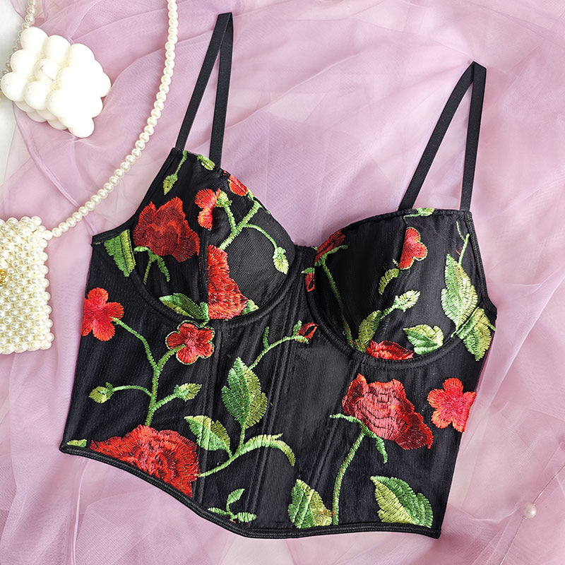 Floral Embroidered Boning Corset Vest with Printed Suspenders for Women | noémi