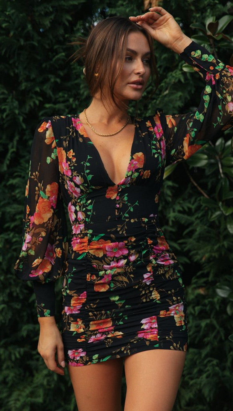 Floral V Neck Pleated Mini Dress | Lantern Sleeves, Boho Print | noémi