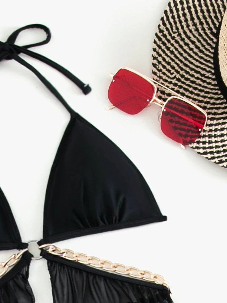 Three Piece Swimsuit Set | Sheer Split Skirt & Gold Chain Detail | noémi