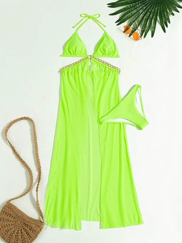 Three Piece Swimsuit Set | Sheer Split Skirt & Gold Chain Detail | noémi