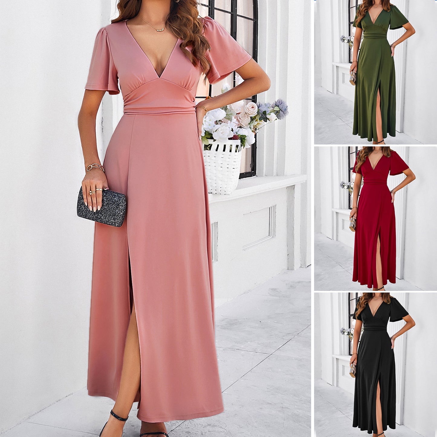 Women's Wrap Maxi Dress with Slit | Deep V Neck, Short Sleeves | noémi