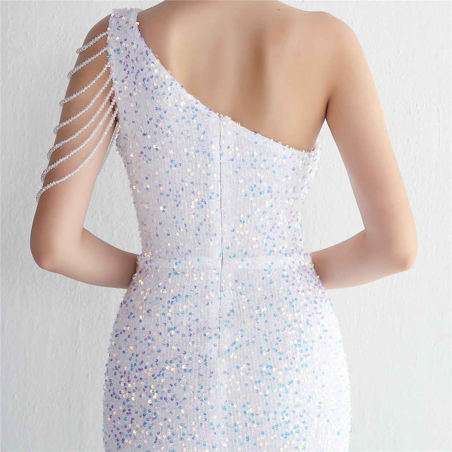 Sequin Fishtail Gown with Beaded Shoulder | One Shoulder Dress | noémi