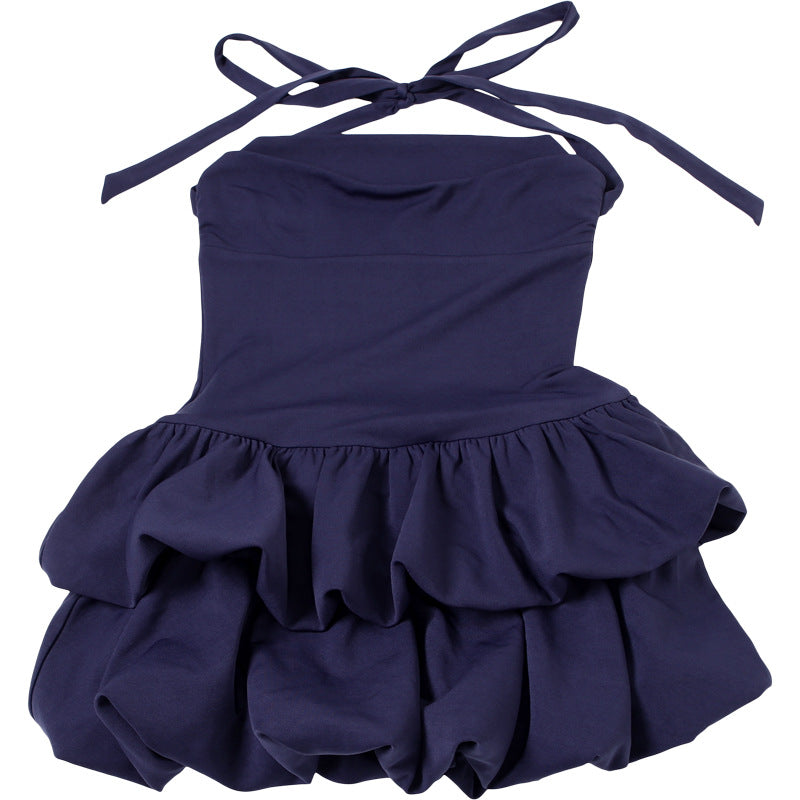 Womens Slim Fit Tube Top Puffy Dress with Halter Lace Up Back | noémi