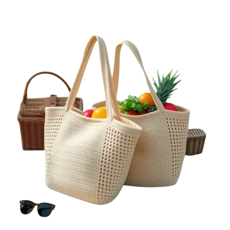 Cotton-Woven Shoulder Tote Bag – Hollow-Out Large-Capacity Beach Carryall, Cream | noémi