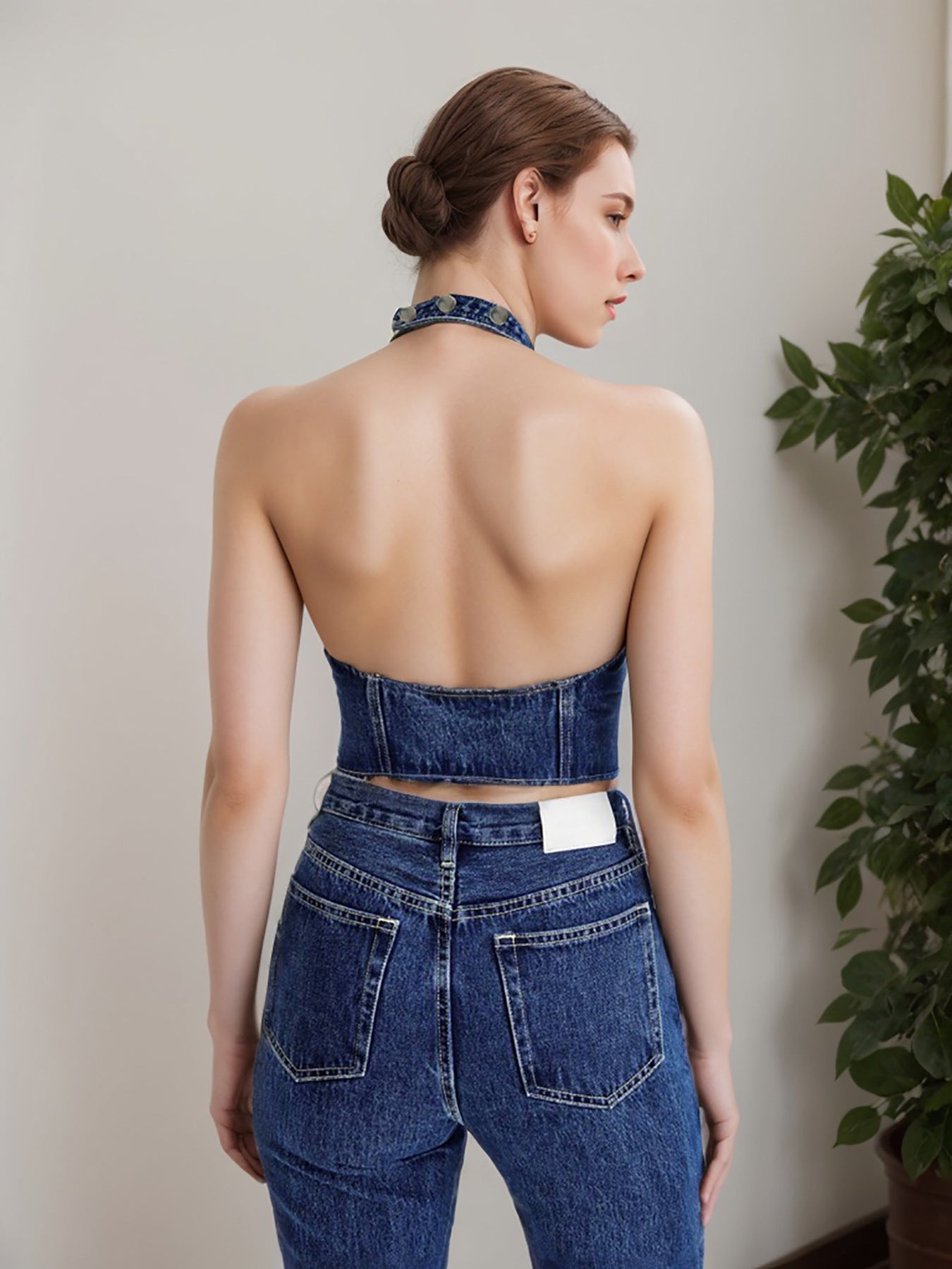 Mediation Halter Denim Vest | Backless, Cutout, Stretchy & Stylish Women’s Outerwear Top | noémi