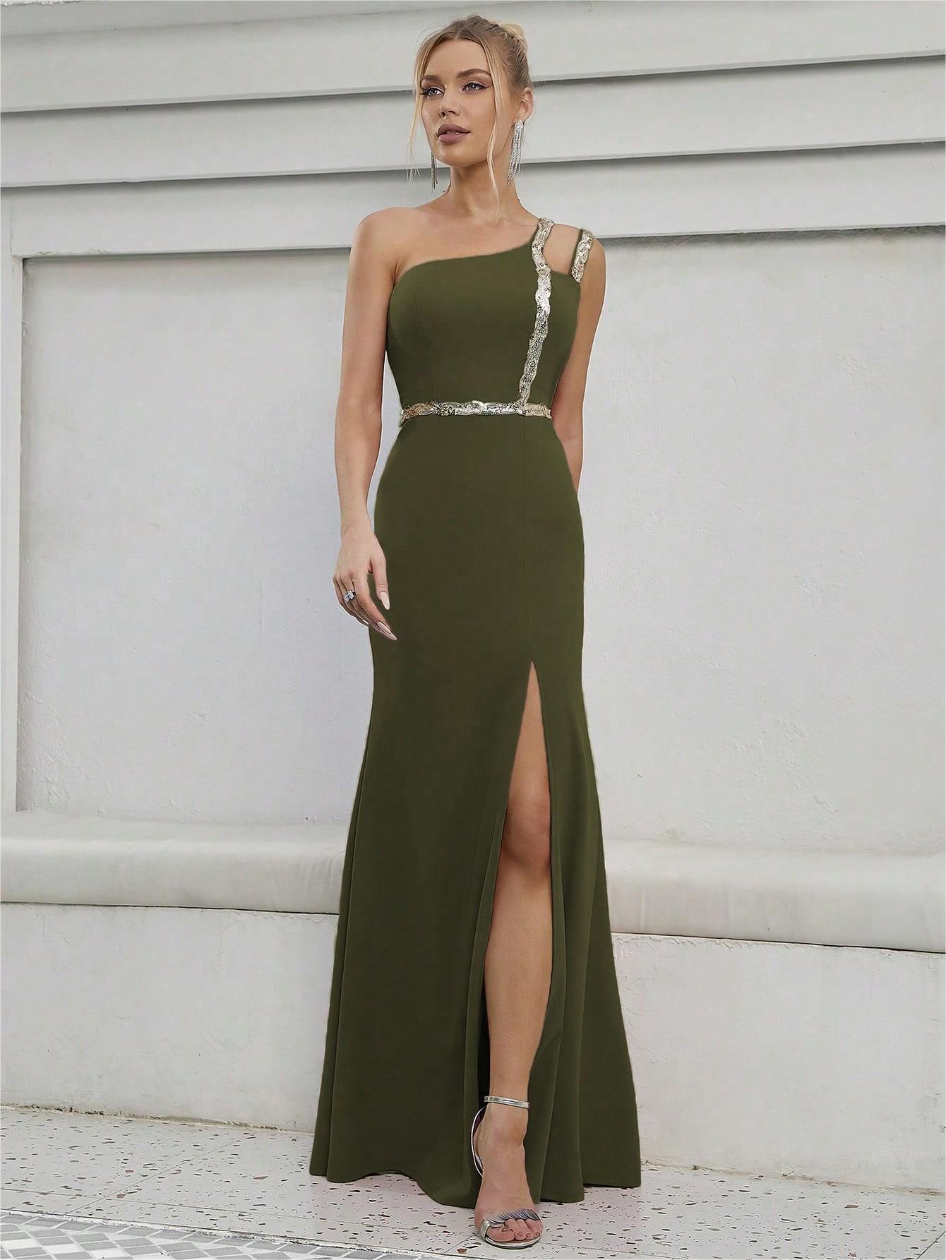 One Shoulder Slit Evening Dress | Metallic Waist Detail | noémi