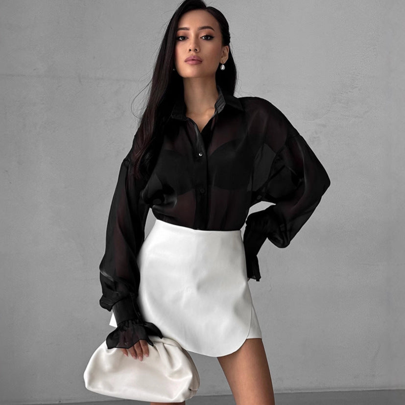 White Ruffle Top | See Through Yarn Shirt with Collared Design | noémi