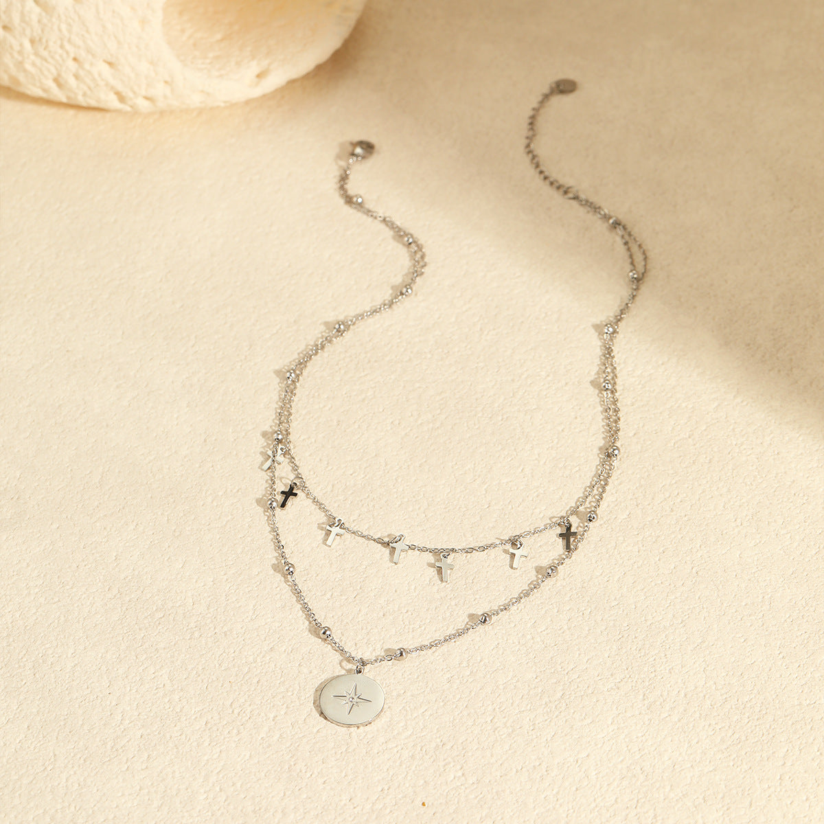 Retro Double Layer Cross & Star Pendant Necklace | Stainless Steel, Gold & Silver | noémi