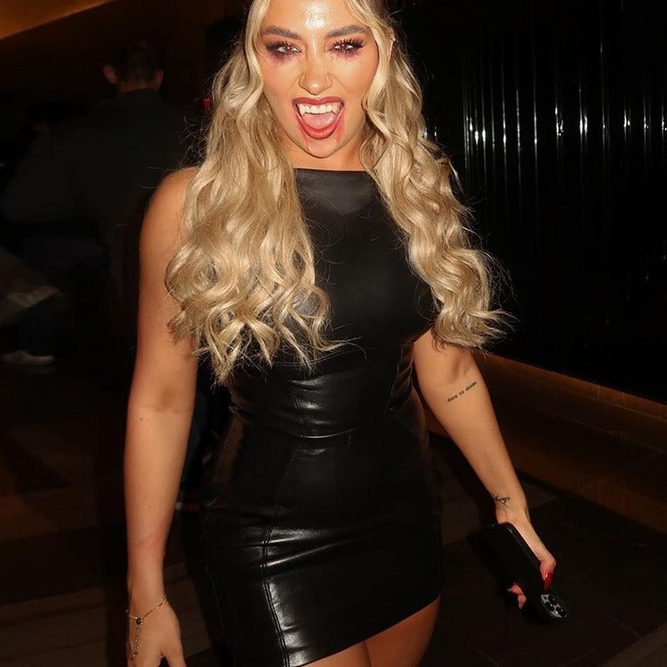 Faux Leather Mini Dress | Sleeveless Bodycon Club Dress, Black High Shine, Zipper Back | noémi