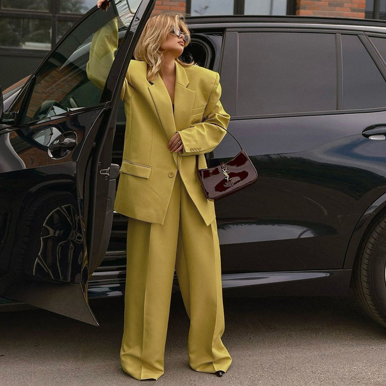 Long Sleeve Collared Baggy Coat & High Waist Wide Leg Pants Two Piece Set | noémi