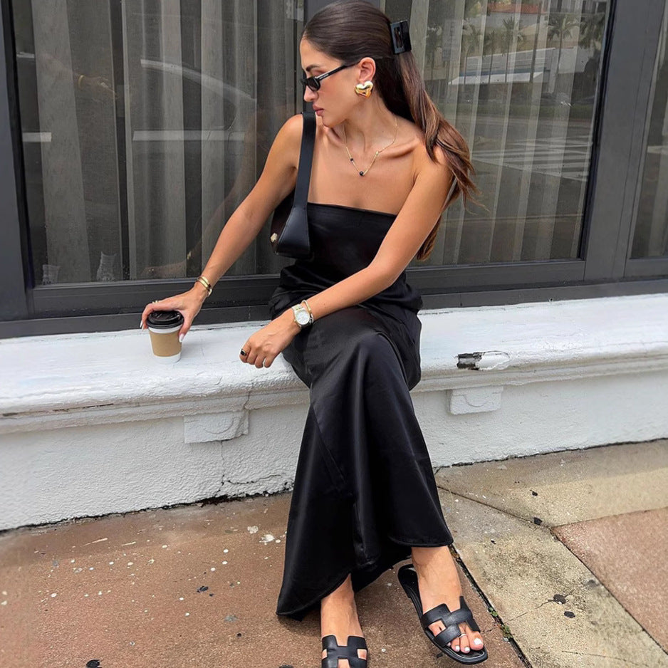 Black Satin Tube Top Dress | High Waist Loose Fit | noémi