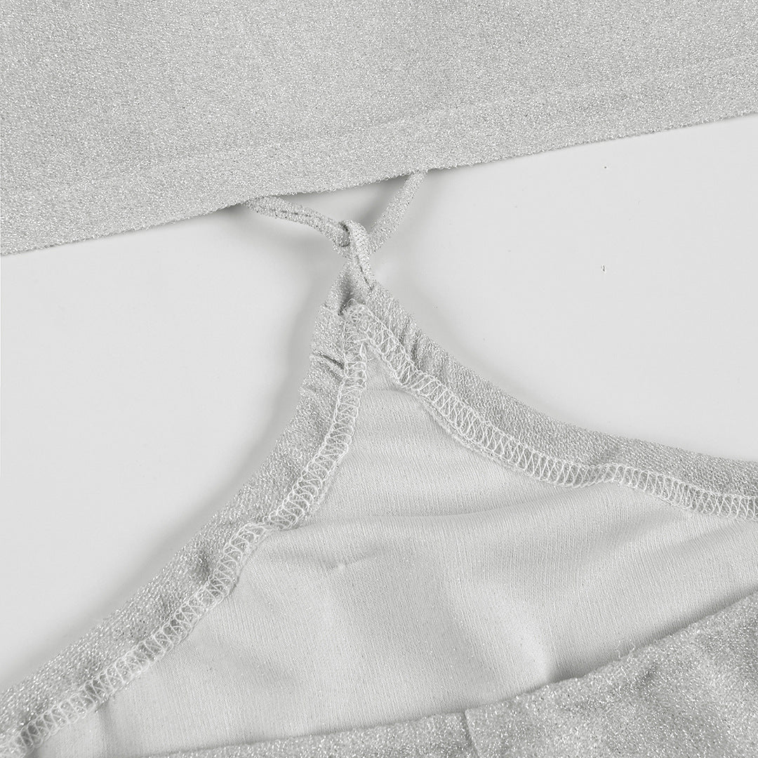 Silver Shimmer Cutout Gown | Backless Halter Maxi Dress with Metallic Glow | noémi