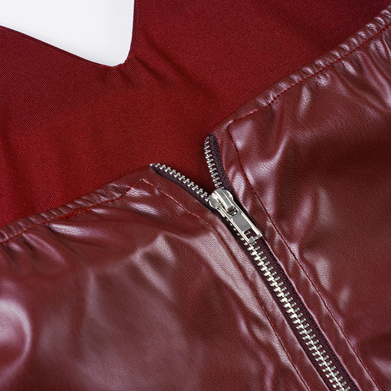 Faux Leather Bandeau Top | Asymmetric VNeck, Pleated Waist, Strapless, Wine Red | noémi