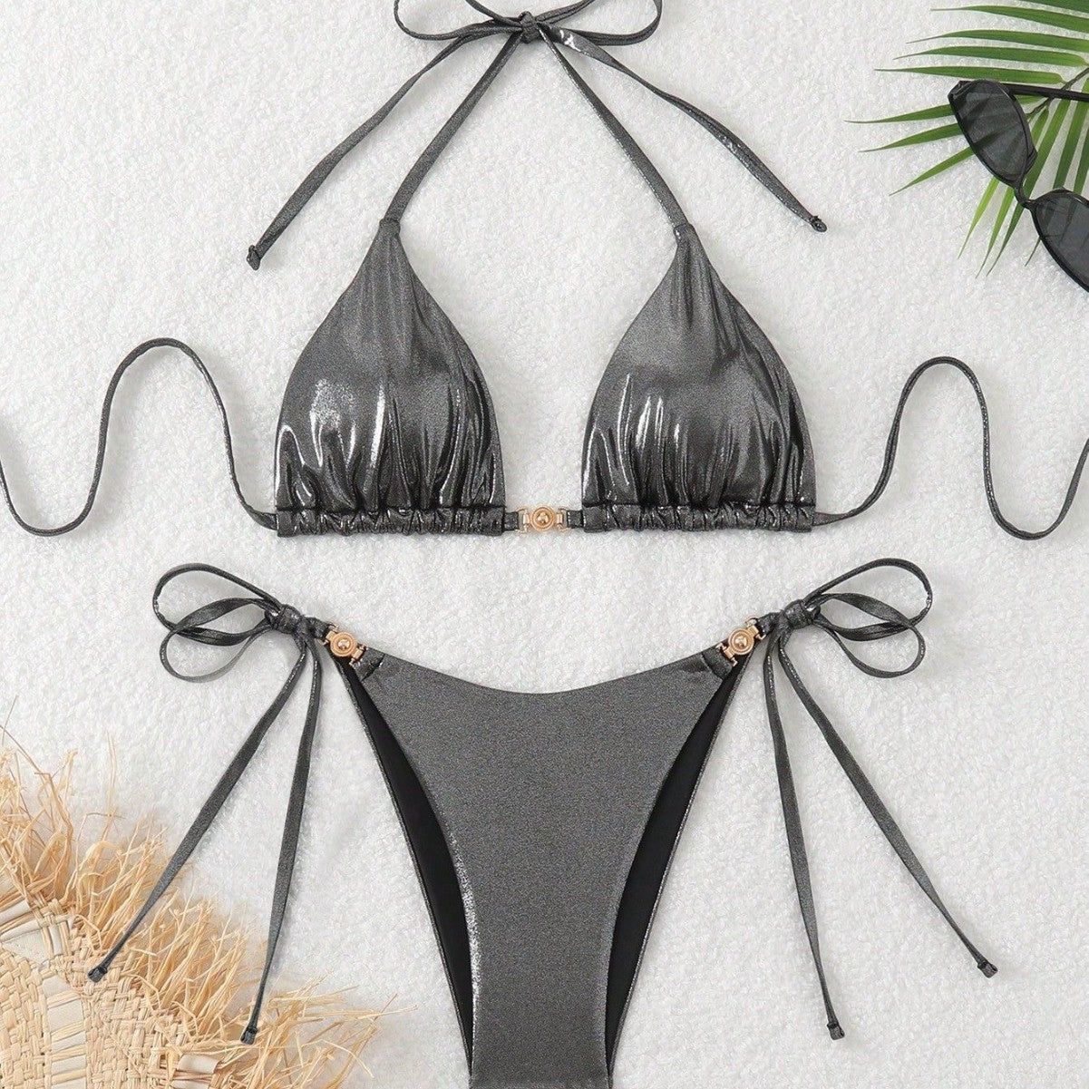 Solid Color Halter Bikini with Split Design and Lacing Detail | noémi