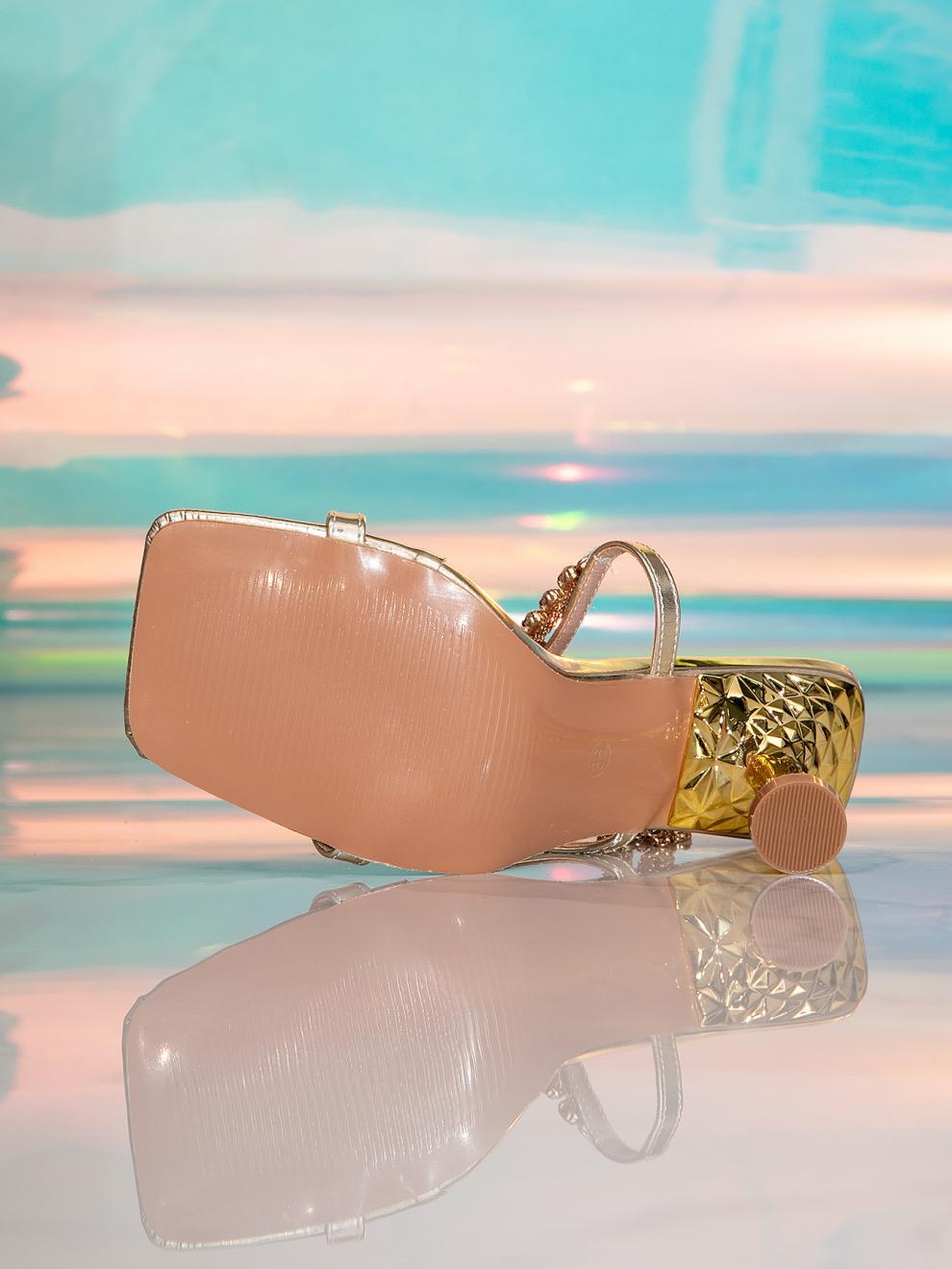 Gem Embellished Wine Glass Heels | Gold Chain Square Toe Sandals | noémi